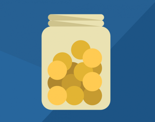 Dark blue banner showing a cartoon illustration of coins in a see-through jar