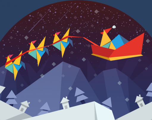 The RoosterMoney logo wearing a santa hat in a sleigh led by three Rooster reindeer, against a snowy night over snowy mountains and houses