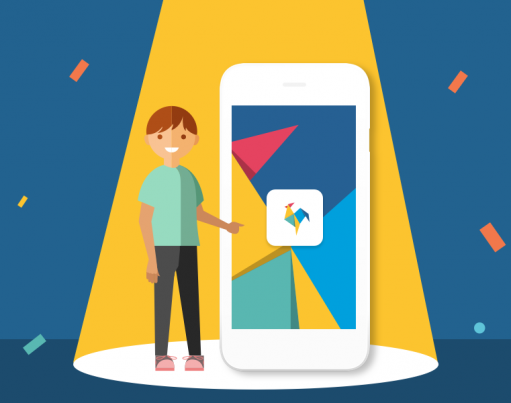 Illustration of a boy under a spotlight pointing at a device with the RoosterMoney app and logo on it, on a dark blue stage with confetti overlaid