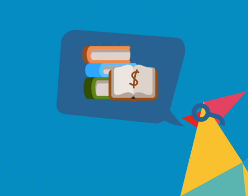 Illustration of Rooster with a dark blue speech bubble containing books with a dollar sign overlaid on one, accompanied by a gold badge in the corner