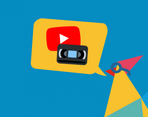 Illustration of Rooster with a gold speech bubble containing YouTube logo and video cassette tape, accompanied by a gold badge in the corner