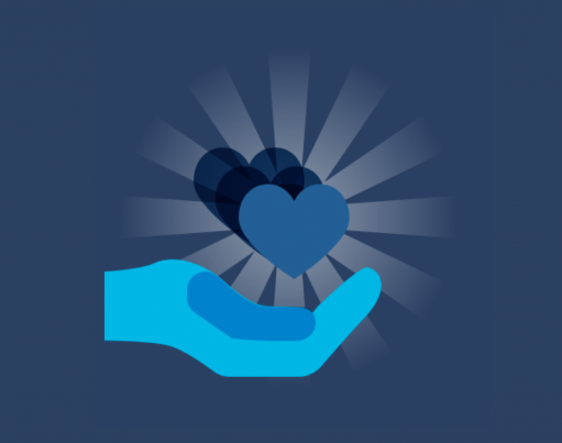 Cartoon open palm with a shining blue heart above it, on a dark navy blue background with origami in the corners