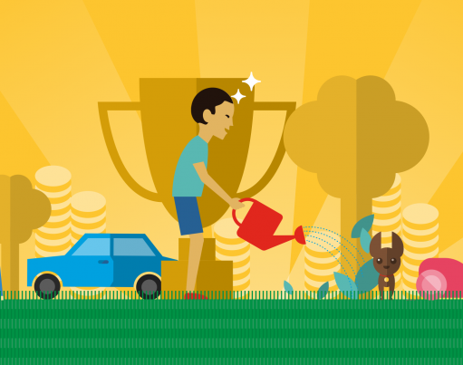 Cartoon illustration of a boy walking a dog, a car, a boy watering the garden, a smaller dog, a woman hoovering, trees, a trophy and piles of coins overlaid on a gold background with green grass beneath it, with origami in the top left and right corners