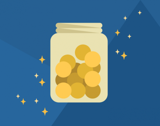 Cartoon, shiny jar of coins with decorative origami overlaid in the corners